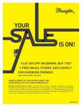 Flat 40% off on Denims & Buy 1 Get 1 Free on all other Exclusively for Wrangler Facebook friends on 27 and 28 June 2012