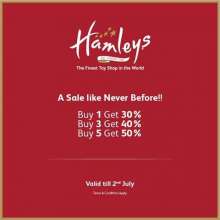 A sale like never before at Hamleys!  Buy 1 Get 30%  Buy 3 Get 40%  Buy 5 Get 50%  Valid till 2nd July 2017