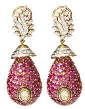 Drop Earrings crafted in 18k gold with polki, fine cut diamonds, brilliance diamonds, and semi precious stones by Tanya Rastogi for Lala Jugal Kishore Jewellers